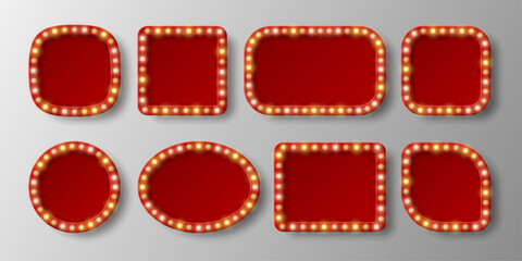 Red retro shields signs of different shapes with glowing yellow neon lights and shadows isolated on light background. Vector illustration.