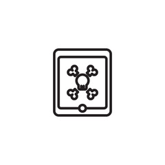 A minimalist line art icon shows a tablet displaying a skull and crossbones symbol, indicating a virus, malware, or a cybersecurity risk to the device.