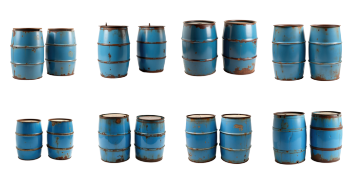 Collection of two weathered blue barrels with rust and wear for storing melt water, isolated on a transparent background showcasing multiple angles and positions.