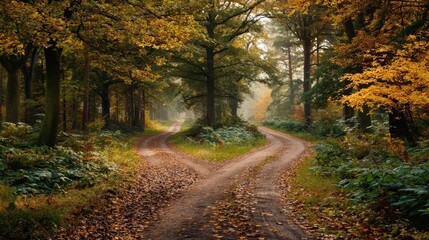 Obraz premium A forked road through golden autumn woods, symbolizing life's choices in nature's quiet embrace.