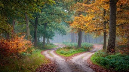 A forked road through golden autumn woods, symbolizing life's choices in nature's quiet embrace.
