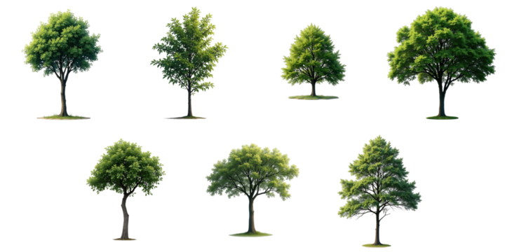 Collection of high resolution isolated trees on a transparent background featuring various types and sizes of leafy green foliage suitable for graphic design and creative projects