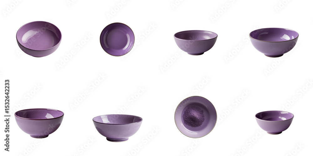 Poster collection of purple ceramic bowls displayed from various angles isolated on a transparent backgroun