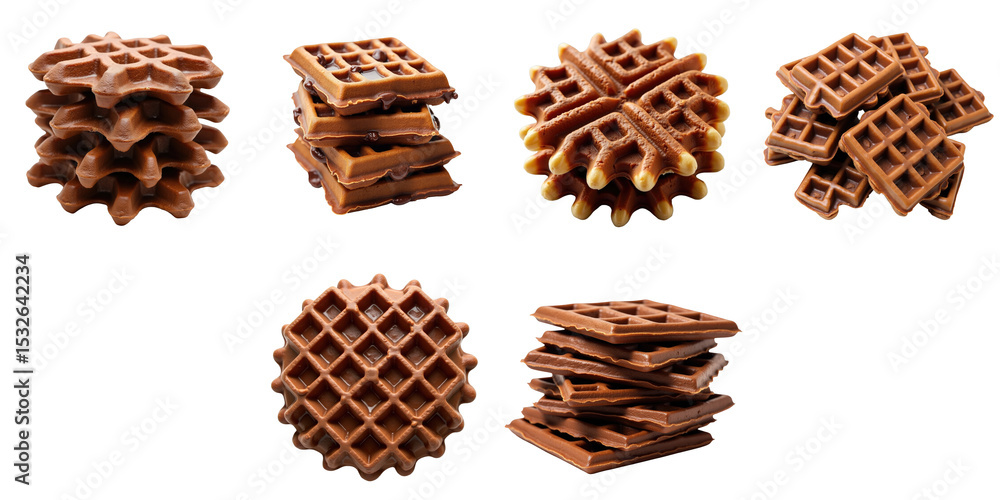 Poster Collection of various chocolate waffles stacked and arranged in different orientations with a transparent background for optimal visibility.