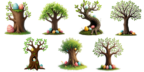 various cartoon style trees with easter eggs and green leaves on transparent background suitable for festive and seasonal designs