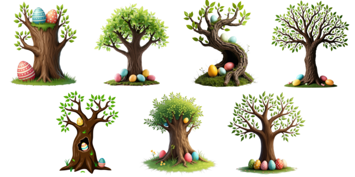 various cartoon style trees with easter eggs and green leaves on transparent background suitable for festive and seasonal designs