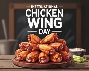 Delicious Chicken Wings for International Chicken Wing Day. A close-up view of a tray filled with crispy, golden-brown chicken wings, glistening with a tangy sauce.