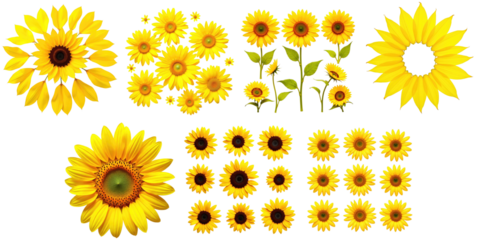 Collection of various sunflower images on transparent background featuring single blooms, clusters, and different stages of growth arranged in a flat lay style.