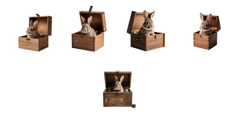Multiple views of a playful rabbit inside a wooden gift box, displaying various angles with the box lid open and closed, isolated on a transparent background.