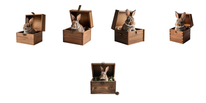Multiple views of a playful rabbit inside a wooden gift box, displaying various angles with the box lid open and closed, isolated on a transparent background.