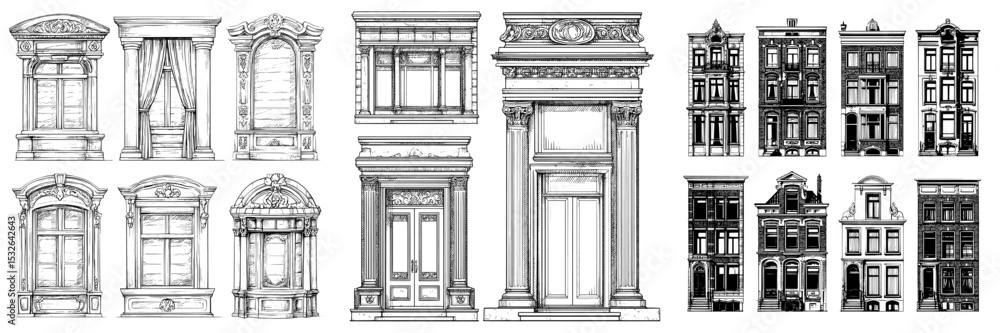 Poster a collection of black window frames is set against a classic home design with architectural elements