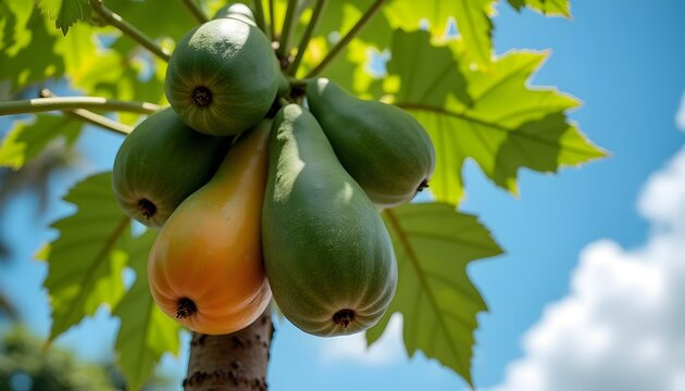 A close-up of a papaya tree with green leaves and fruits against a bright blue sky with clouds