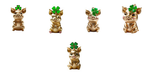 Collection of five charming ceramic pig figurines adorned with four leaf clovers, isolated on a transparent background, highlighting their unique expressions and intricate designs.