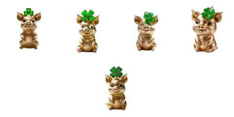 Collection of five charming ceramic pig figurines adorned with four leaf clovers, isolated on a transparent background, highlighting their unique expressions and intricate designs.
