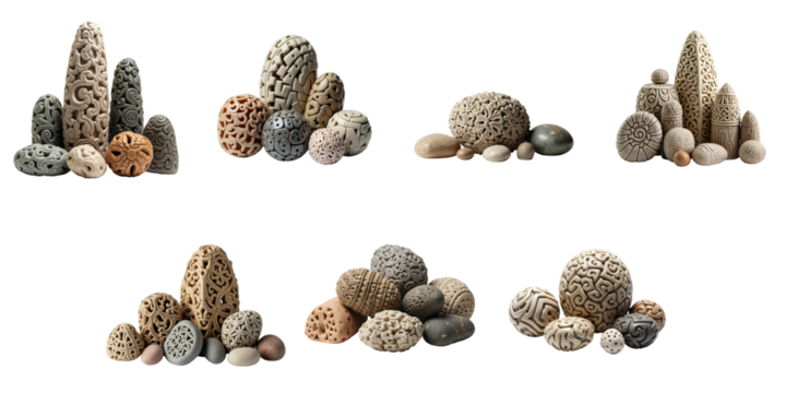 Collection of intricately designed stone carvings in various shapes and sizes isolated on a transparent background featuring detailed textures and patterns