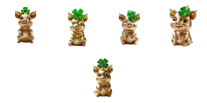 Collection of five charming ceramic pig figurines adorned with four leaf clovers, isolated on a transparent background, highlighting their unique expressions and intricate designs.