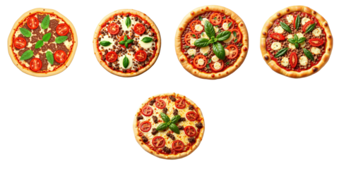 Assorted pizzas topped with minced meat, tomatoes, cheese, basil, and herbs arranged on a transparent background emphasizing textures and colors of each pizza.