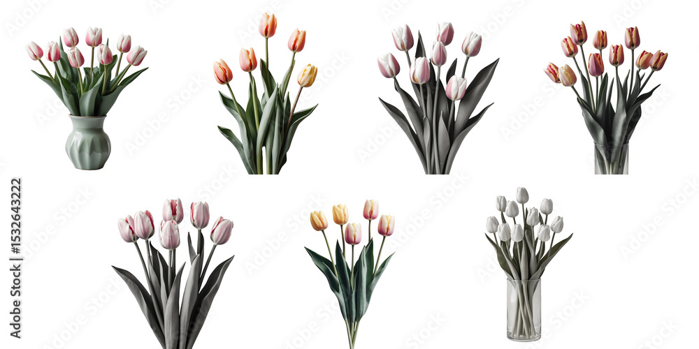 Aufkleber variety of tulip flower arrangements in vases and bound bouquets isolated on transparent background 