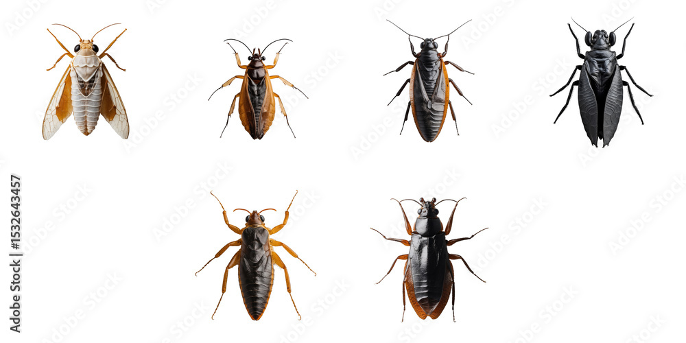 Poster various species of insects displayed in a grid arrangement with distinct shapes and colors, isolated