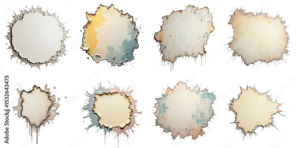 Poster collection of distressed paint textures with peeling edges and splatter effects on transparent backg