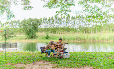Friends Enjoy Music at Lakeside Camp