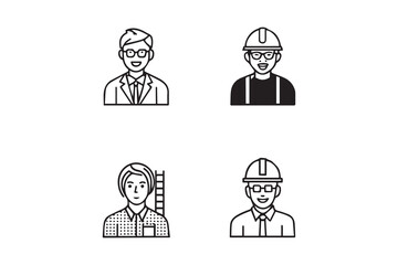 Construction Worker Business Person Project Manager Engineer Architect Vector Line Icons