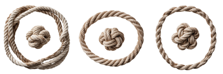 textured rope knots arranged in circular patterns displaying various types of knots against a transparent background with transparency showcasing their intricate design