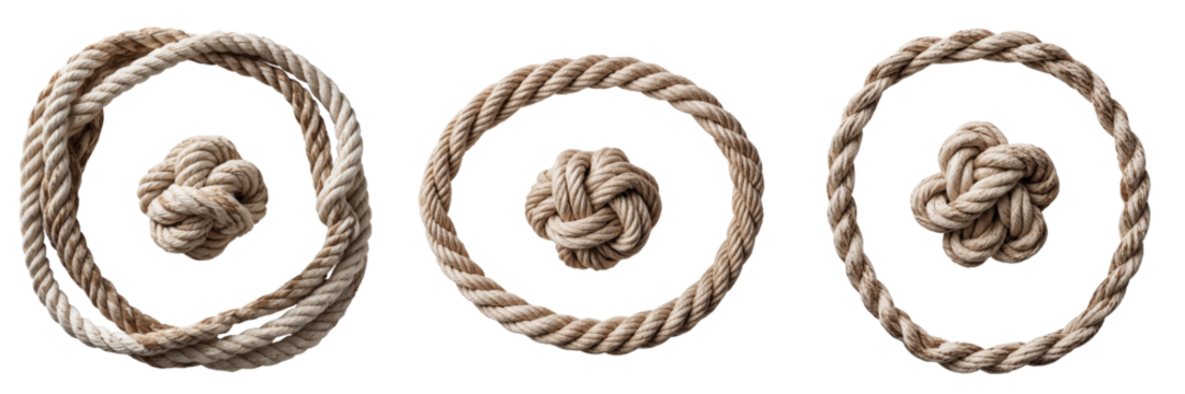 textured rope knots arranged in circular patterns displaying various types of knots against a transparent background with transparency showcasing their intricate design