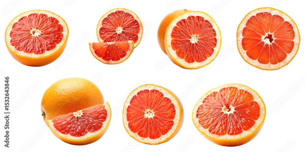Poster fresh sliced grapefruit with red pulp arranged on a transparent background showcasing various cuts a