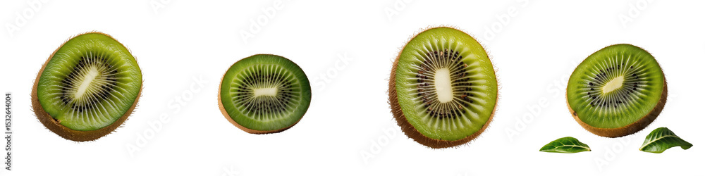 Poster multiple slices of kiwi fruit arranged side by side on a transparent background showcasing the inter