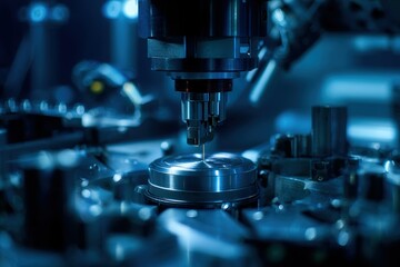Precision machining process in a modern industrial setting using advanced technology at night