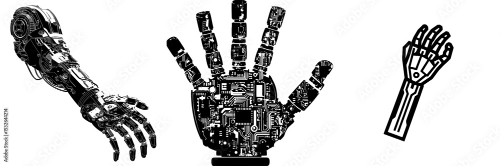 Poster iconic representation of a robotic hand in silhouette form, symbolizing automation and robotic limbs