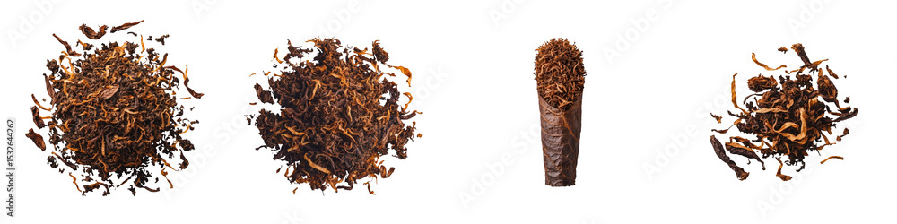 Poster dried pipe tobacco leaves and shreds isolated on transparent background displaying variations in sha
