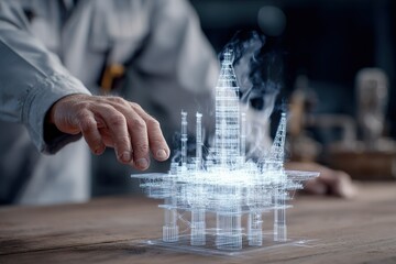 Innovative 3D model visualization of an oil rig being created in a high-tech workspace at night