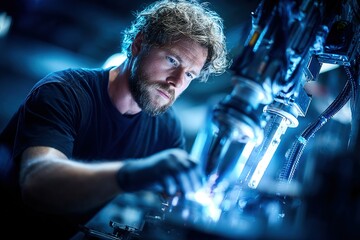 Skilled technician working meticulously on intricate machinery during a late-night engineering session