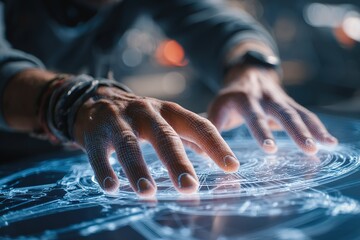 Engaging with a futuristic digital interface during an innovative tech demonstration in a modern workspace