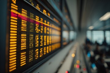 Digital display board shows train schedules in a busy railway station during early morning rush hour