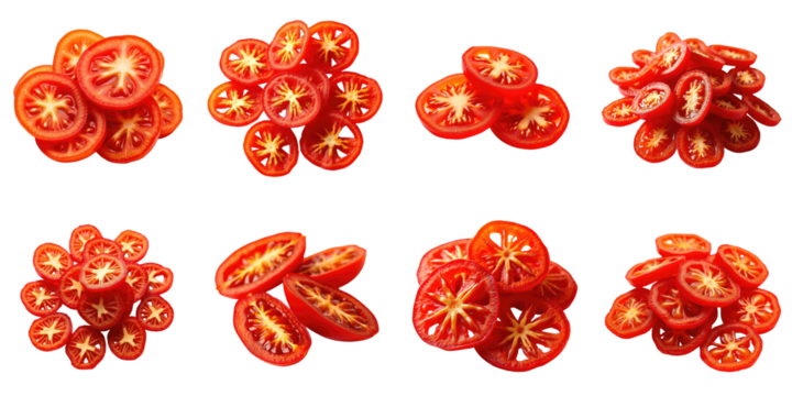 Assorted dried tomato slices arranged in various overlapping and stacked configurations isolated on a transparent background with vivid red hues and intricate seed patterns.