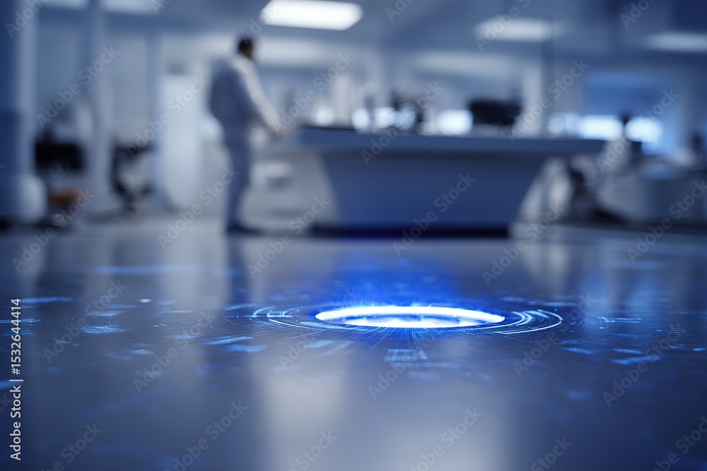 Poster advanced technology interface displayed on a laboratory floor with researchers engaged in digital in