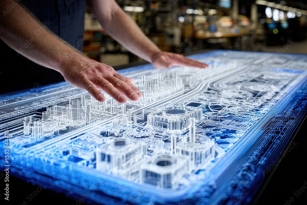 Poster hands interact with a detailed architectural model in a modern workspace showcasing urban design inn