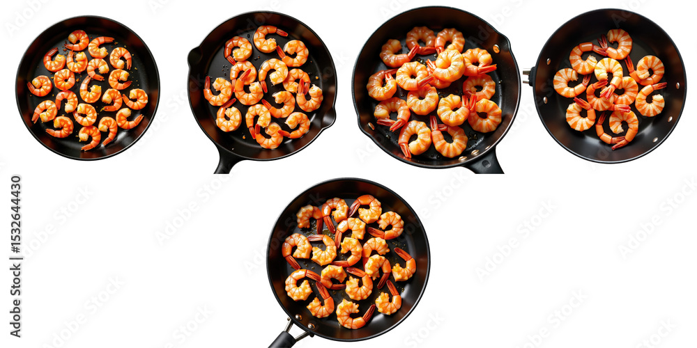 Poster assorted cooked shrimp in multiple frying pans arranged on a transparent background with empty space