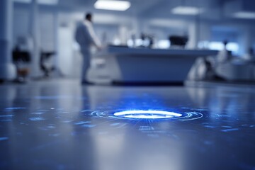 Advanced technology interface displayed on a laboratory floor with researchers engaged in digital interaction