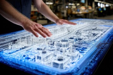 Hands interact with a detailed architectural model in a modern workspace showcasing urban design innovations