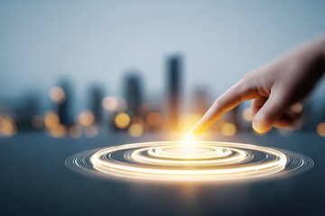 Finger touches glowing light in a modern cityscape, showcasing a blend of technology and nature