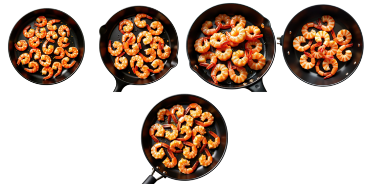 Assorted cooked shrimp in multiple frying pans arranged on a transparent background with empty space for text, isolated on transparent background for use in various culinary presentations.