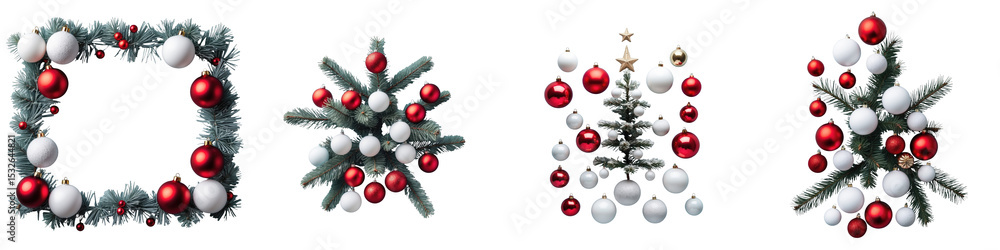 Poster arrangement of decorative christmas ornaments including red and white balls and pine branches on a t