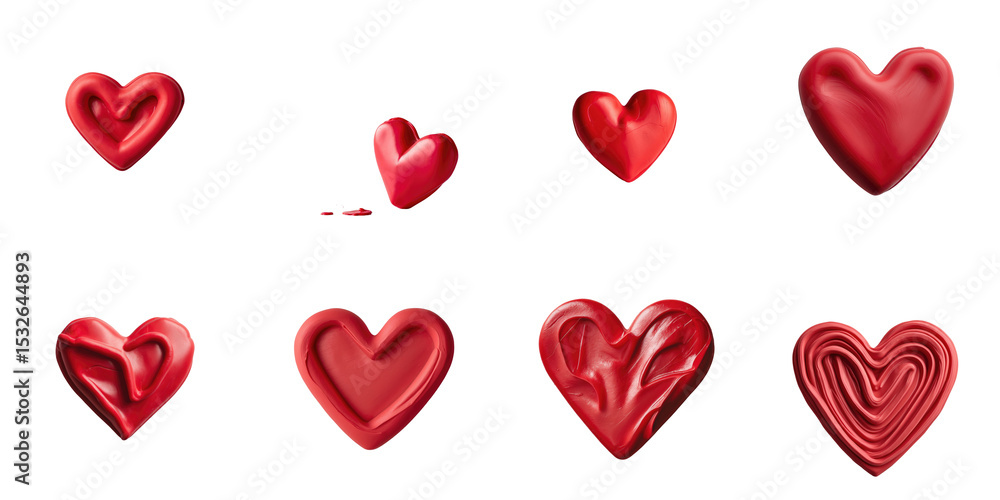 Poster collection of various red plasticine hearts in different shapes and textures isolated on a transpare