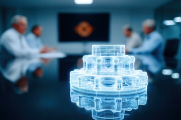 Meeting focused on innovative technology with a digital representation of a gear in a corporate office environment