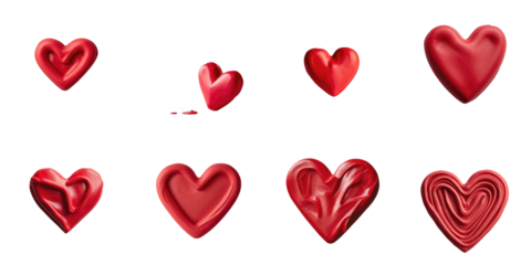 Collection of various red plasticine hearts in different shapes and textures isolated on a transparent background suitable for creative designs and projects