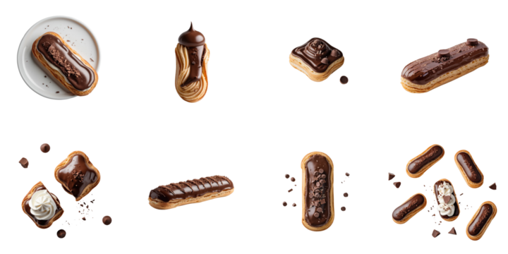 Assortment of chocolate eclairs arranged on a transparent background featuring various toppings and fillings including whipped cream and chocolate drizzle for dessert presentation